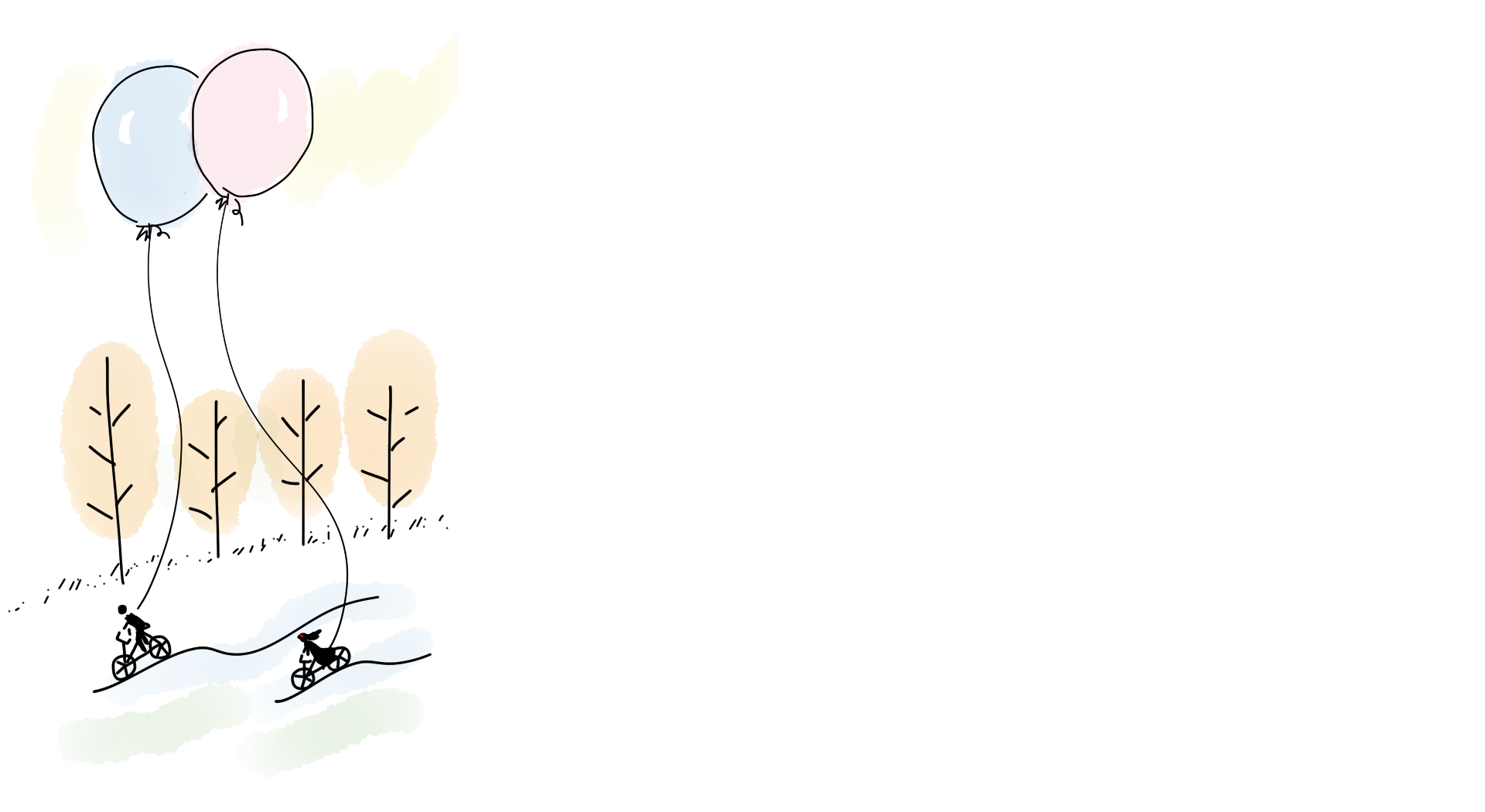 Place card with hand-drawn cyclists holding pastel balloons on the left side
