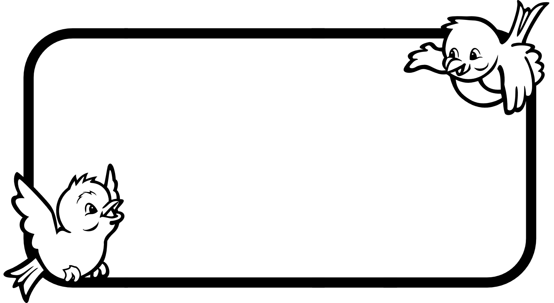 Place card with two cartoon birds perched on a black rounded frame