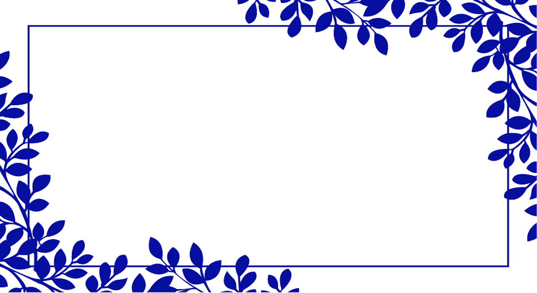 Place card with cobalt blue leafy branches overlapping a thin blue frame