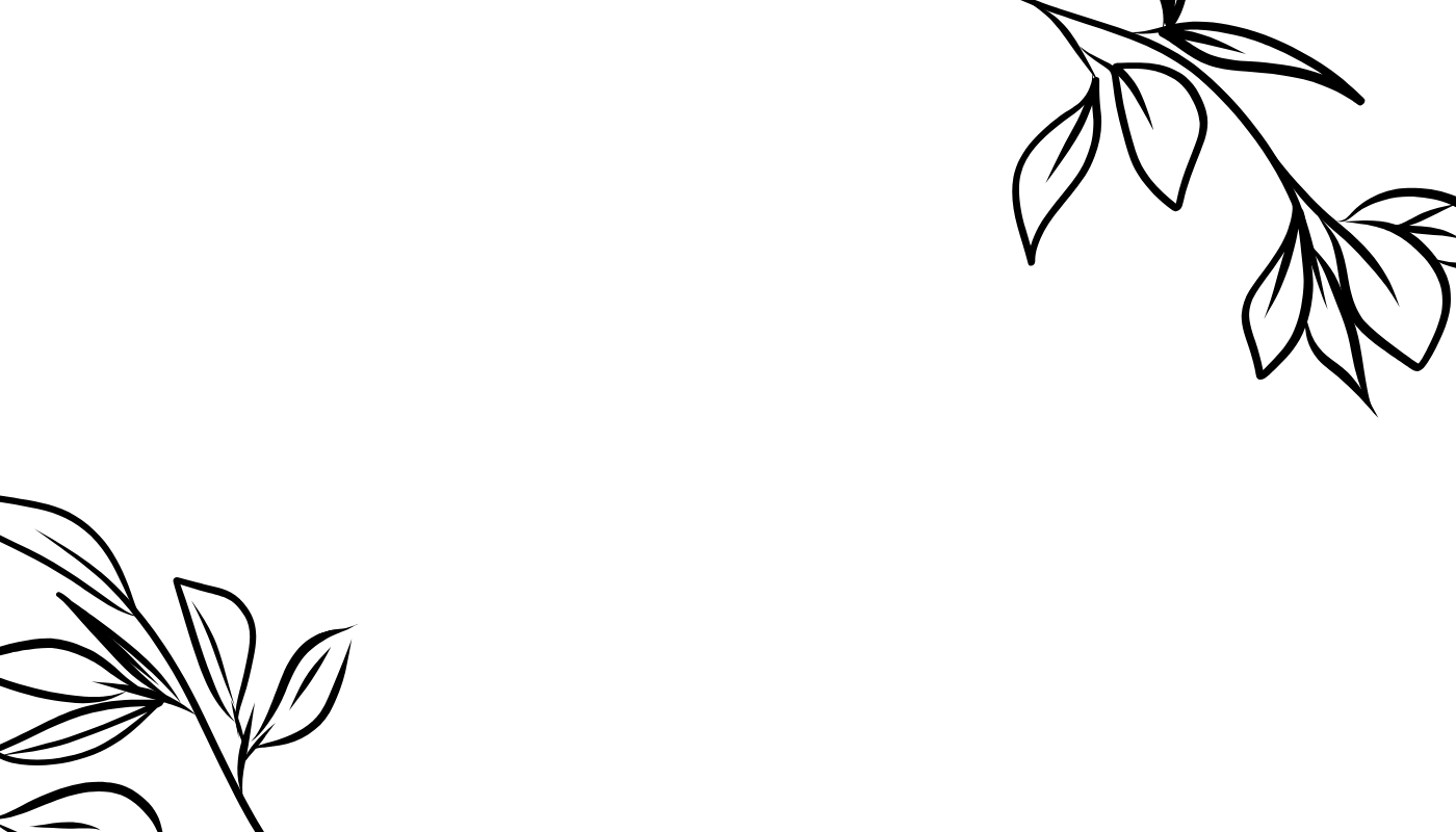 Place card with black outline leaf branches in the top right and bottom left