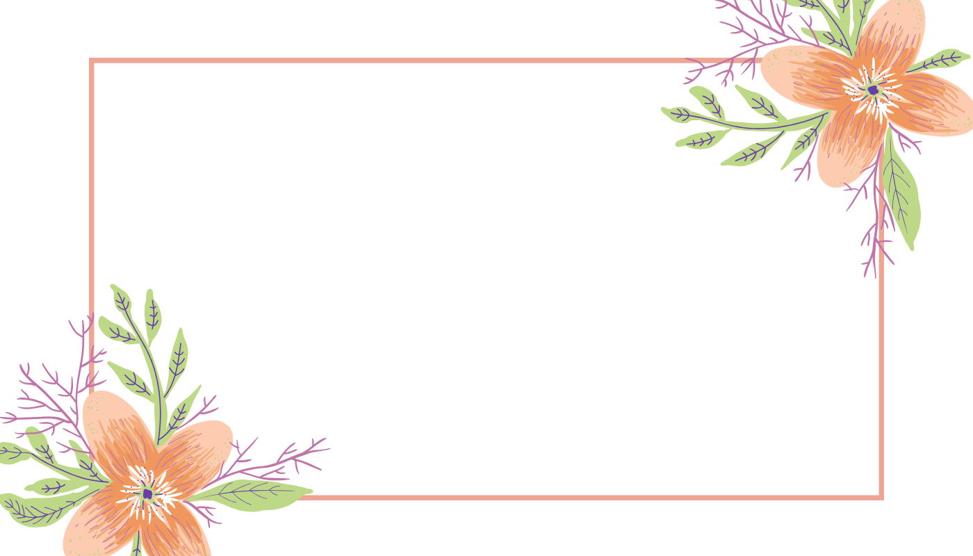 Place card with a coral frame and peach flowers in two corners