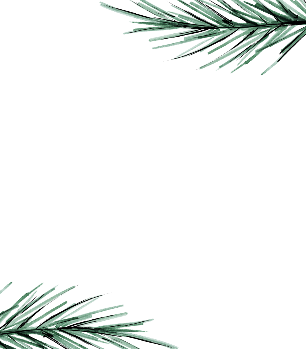 Place card with a watercolor pine branch in the bottom-left corner