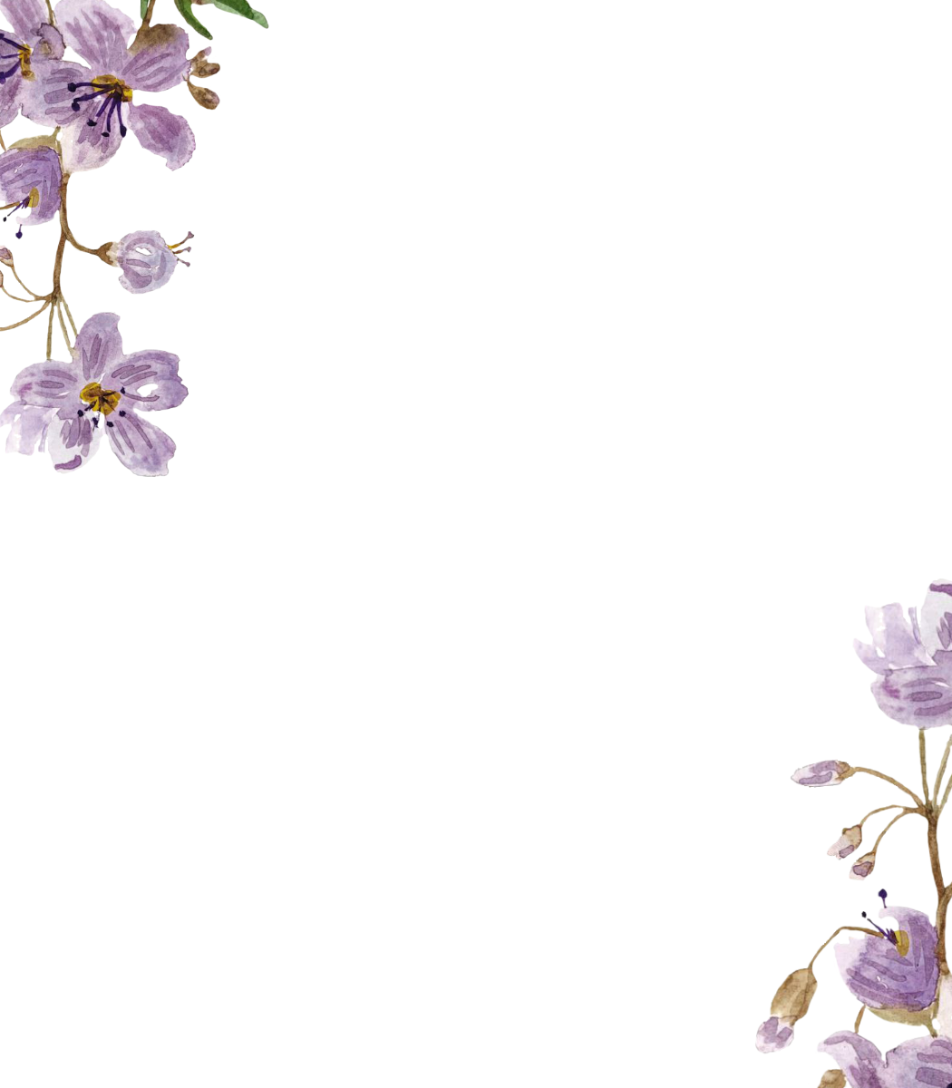 Place card with purple watercolor blossoms along the right edge
