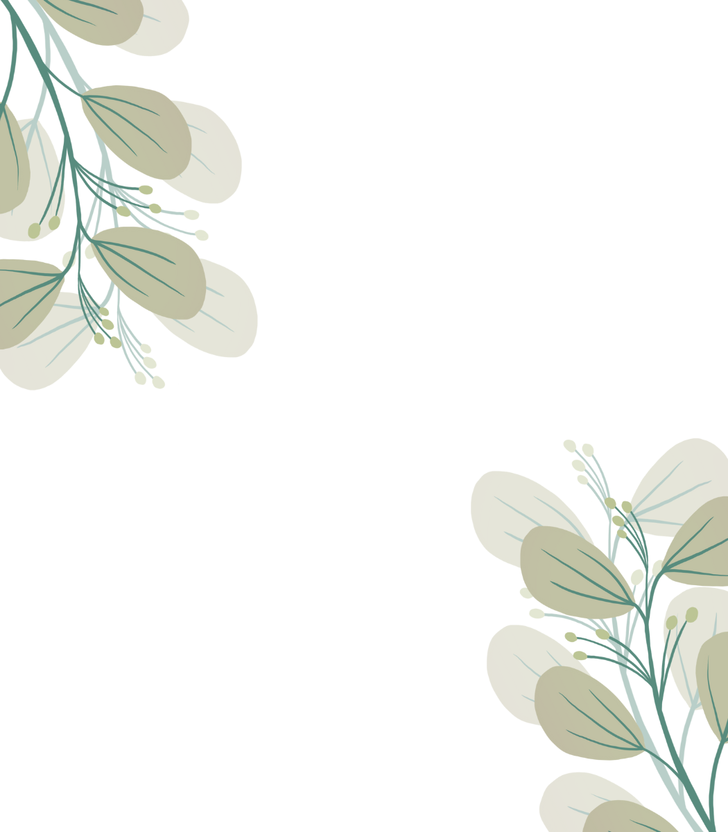 Place card with an illustrated sage eucalyptus stem along the right edge