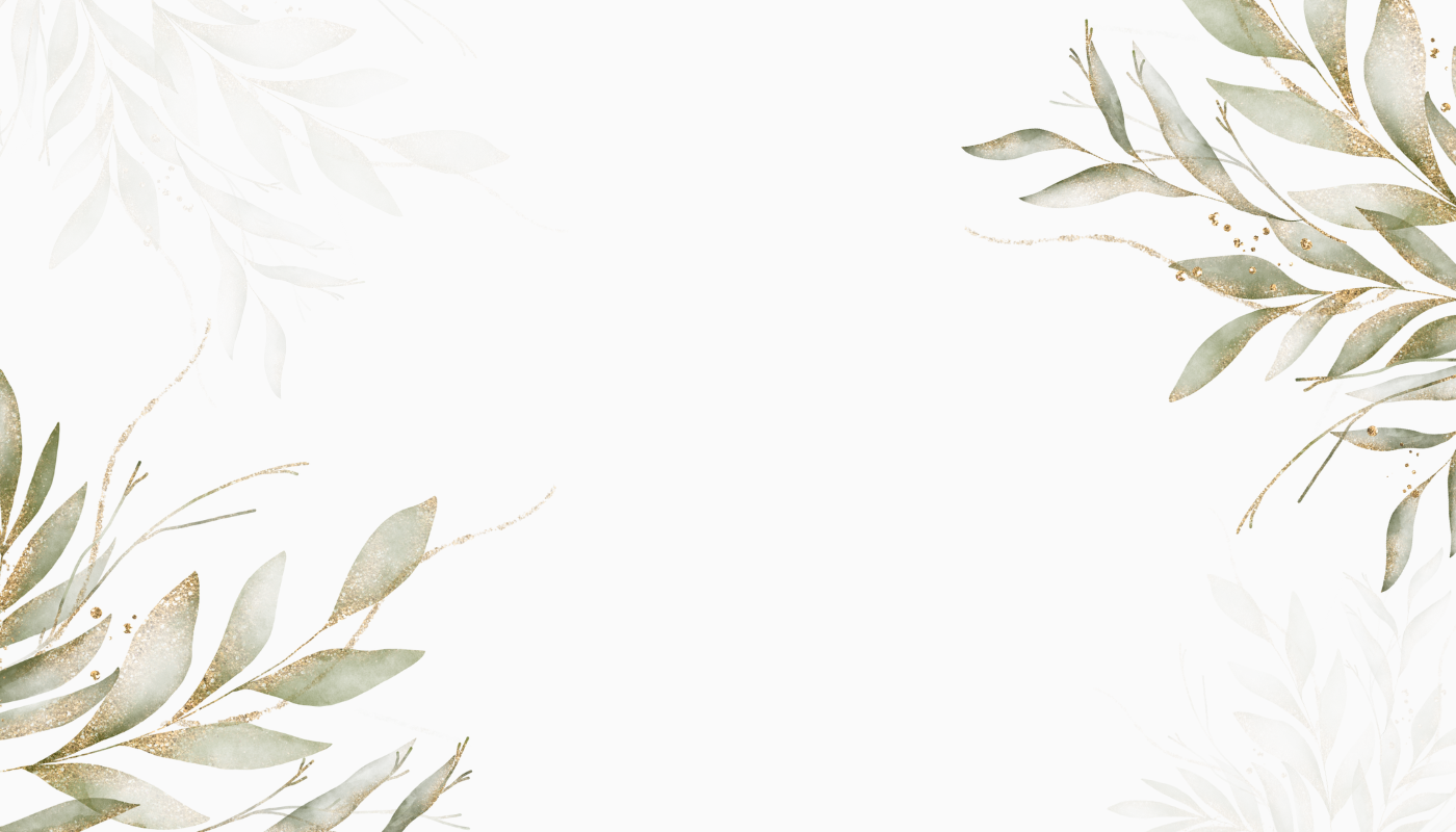 Place card with sage watercolor leaves and gold glitter in opposite corners