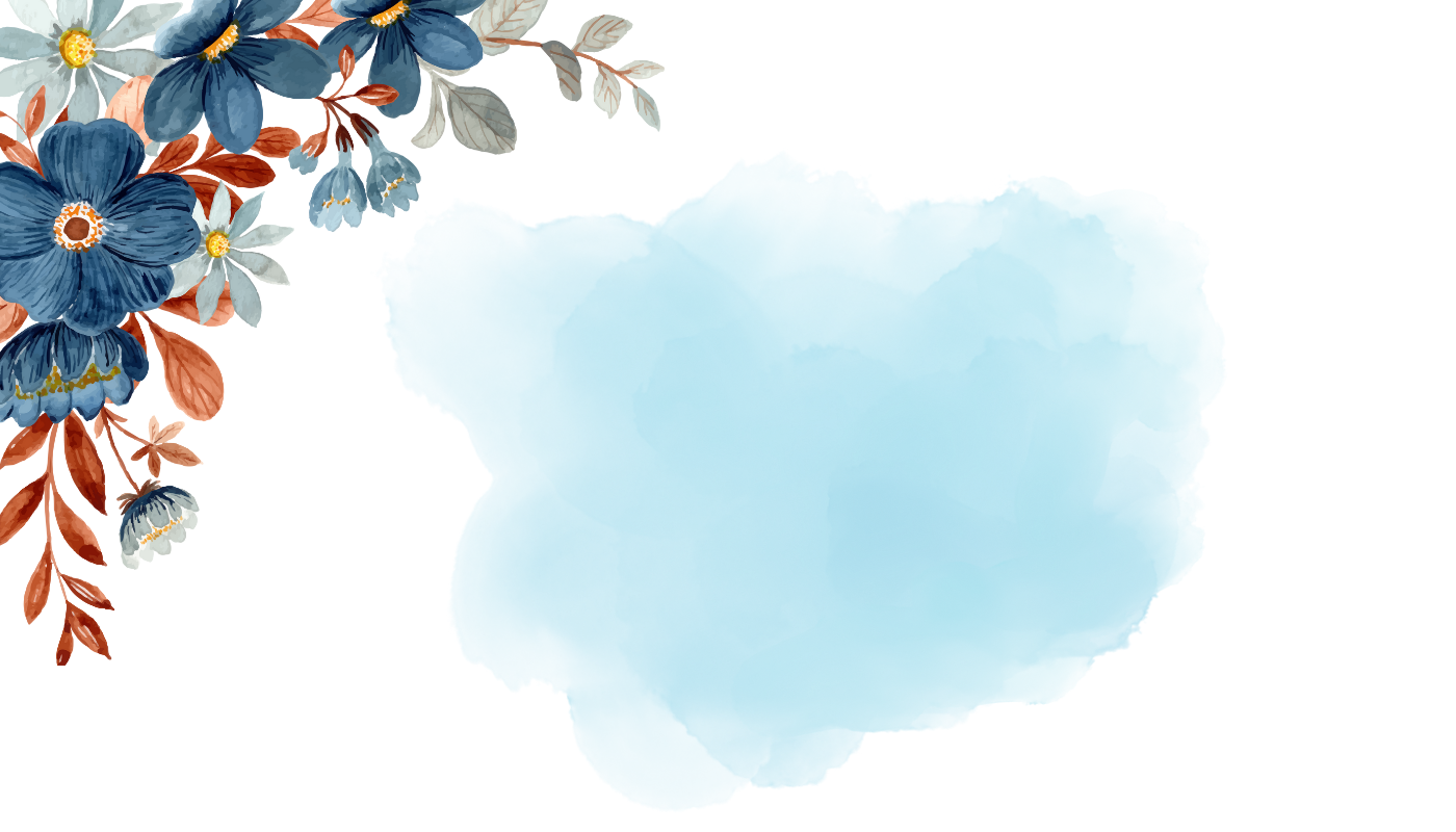 Place card with navy watercolor flowers and a light blue watercolor wash