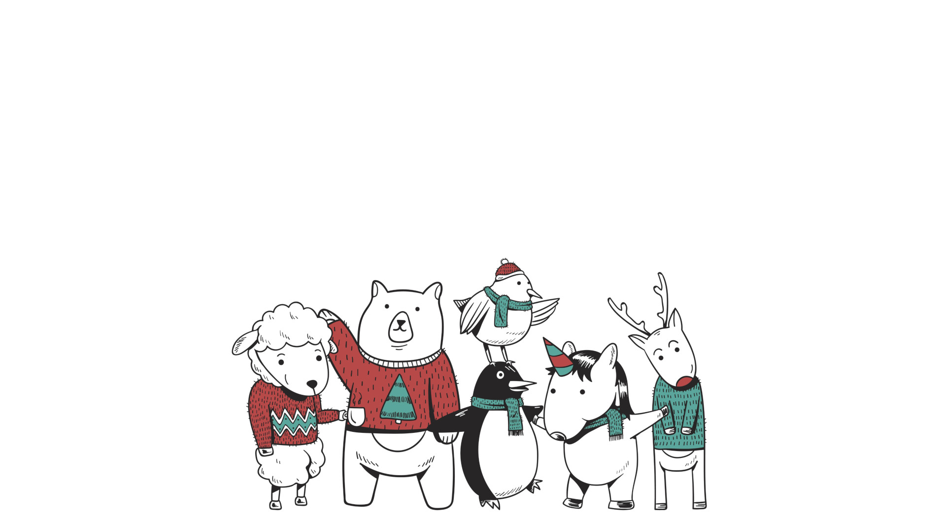 Place card with cartoon animals in Christmas sweaters along the bottom