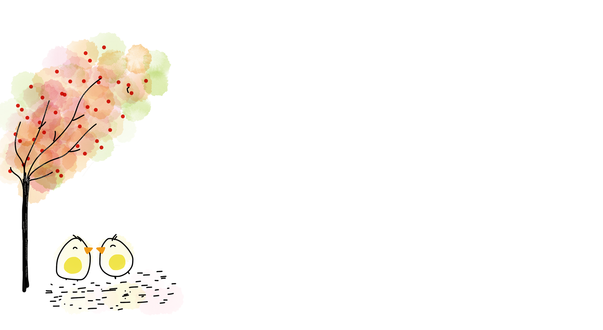 Place card with two cartoon chicks under a watercolor berry tree on the left