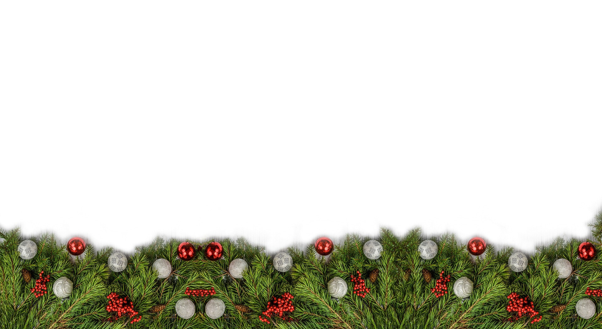 Place card with an evergreen garland, red and silver ornaments along the bottom