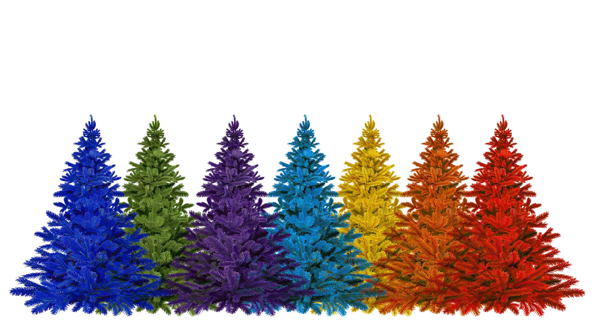 Place card with a row of rainbow-colored Christmas trees along the bottom