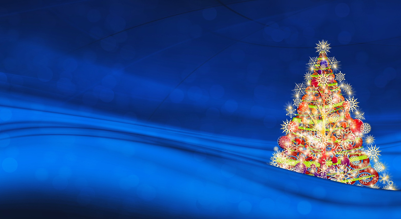 Place card with a sparkling ornament Christmas tree on a deep blue background