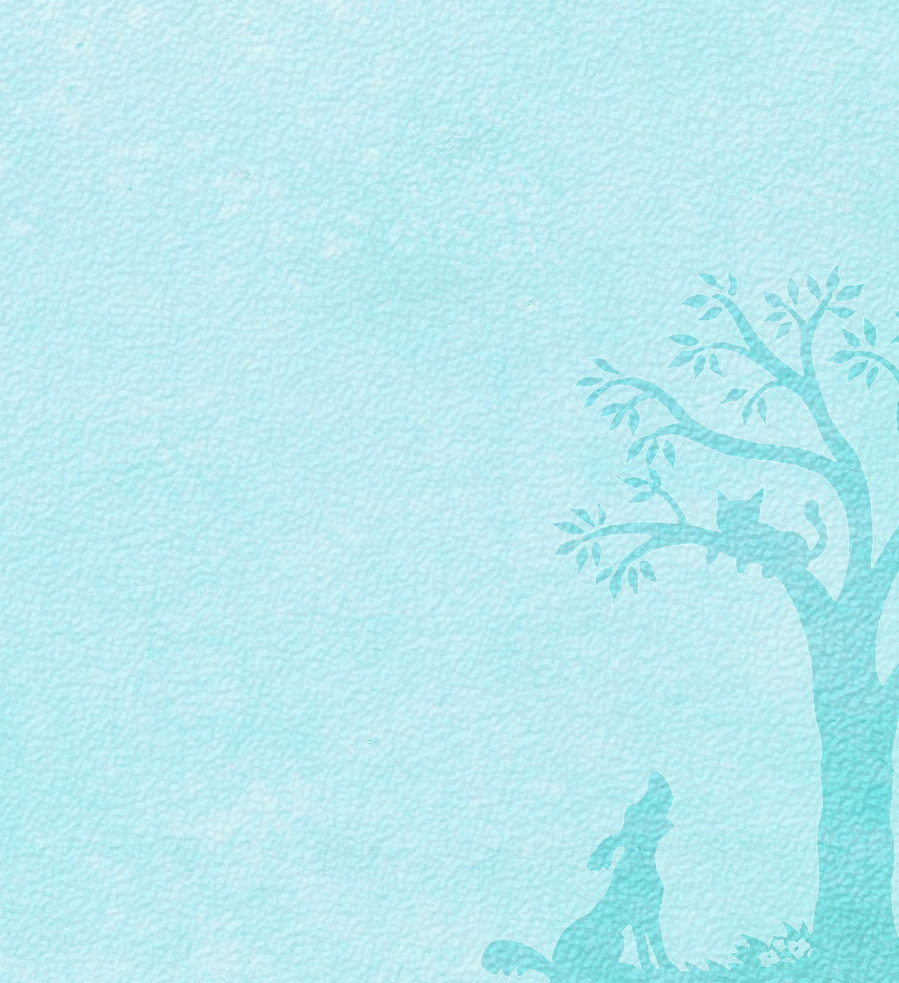 Place card with turquoise tree, cat and howling dog silhouettes on the right