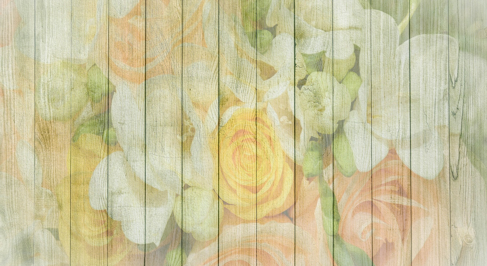 Place card with faded pastel roses printed over whitewashed wood planks
