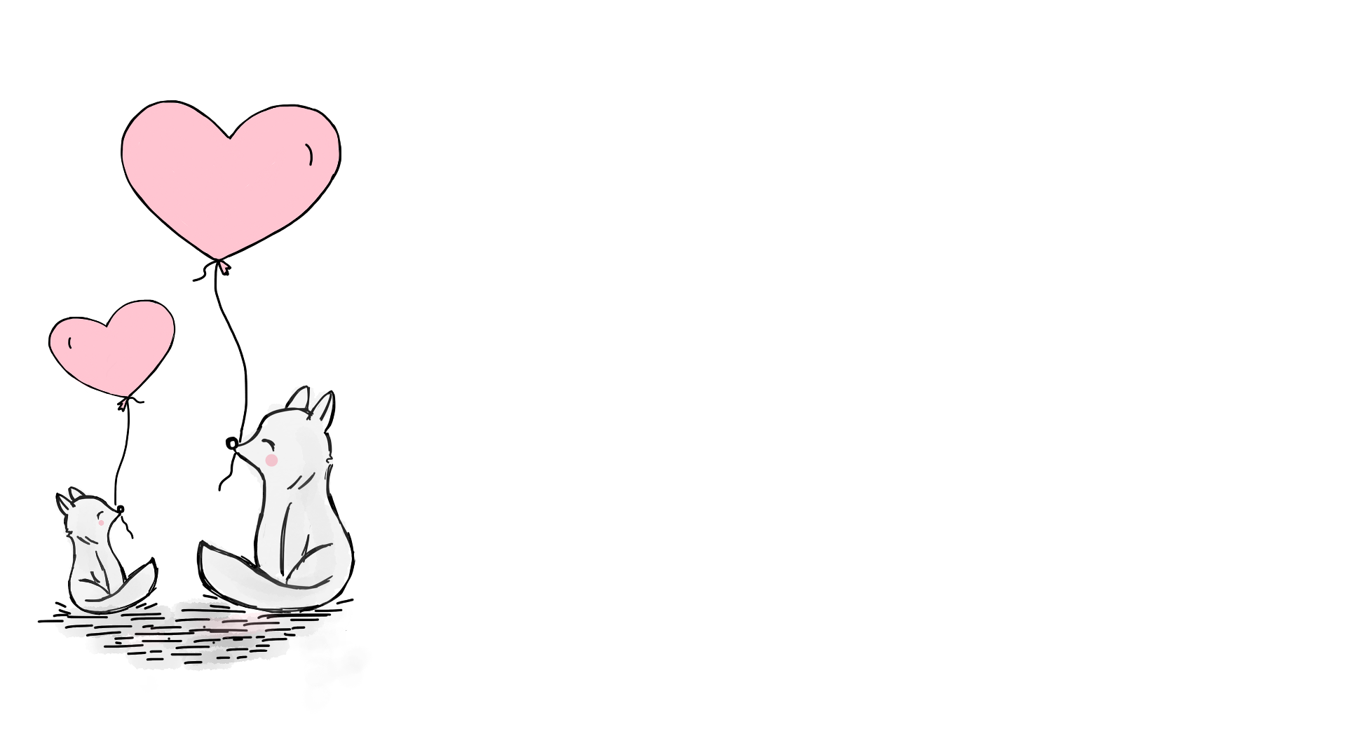 Place card with two sketched foxes holding pink heart balloons on the left