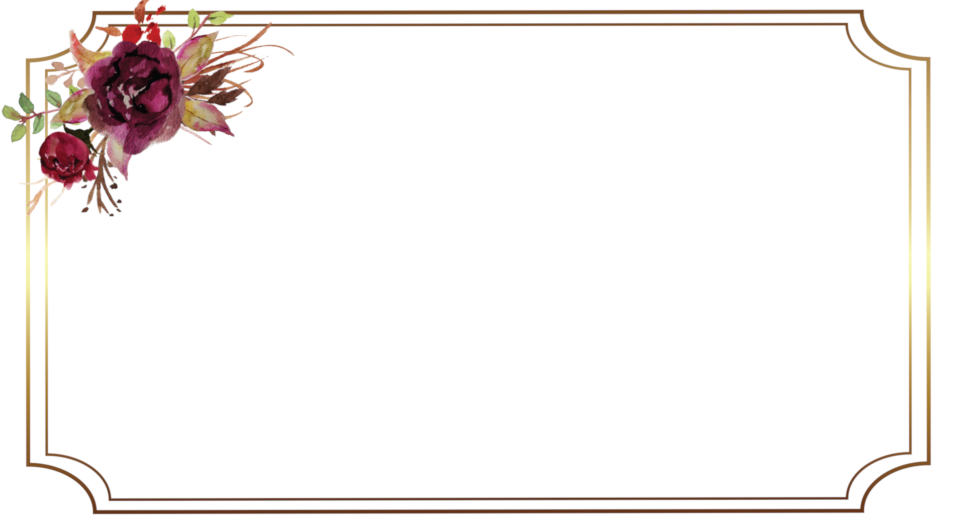 Place card with a gold double frame and burgundy watercolor rose in the corner