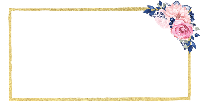 Place card with a gold rectangular frame and pink roses with navy leaves in the corner