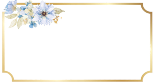 Place card with a gold notched frame and blue watercolor flowers in the corner