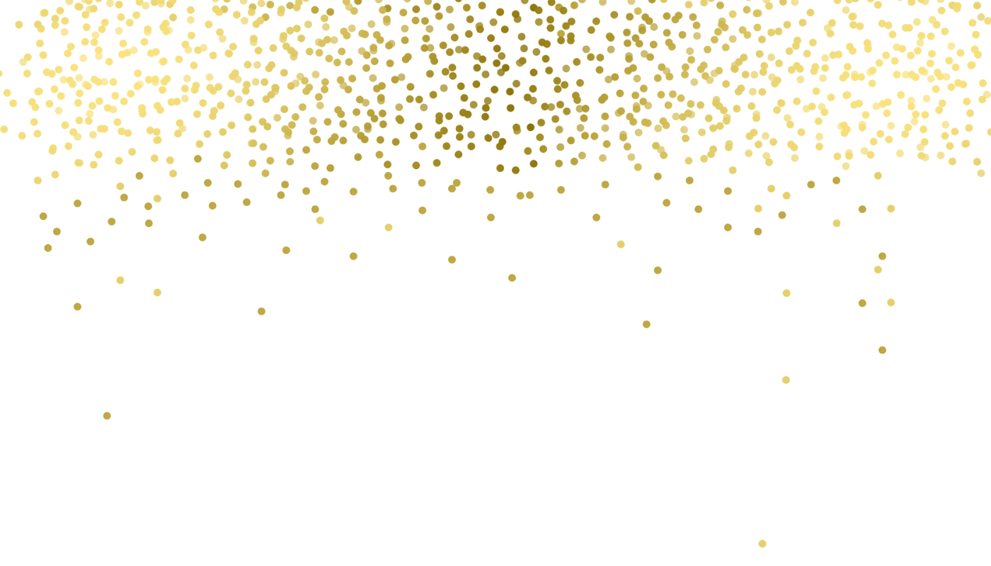Place card with gold confetti dots falling from the top edge