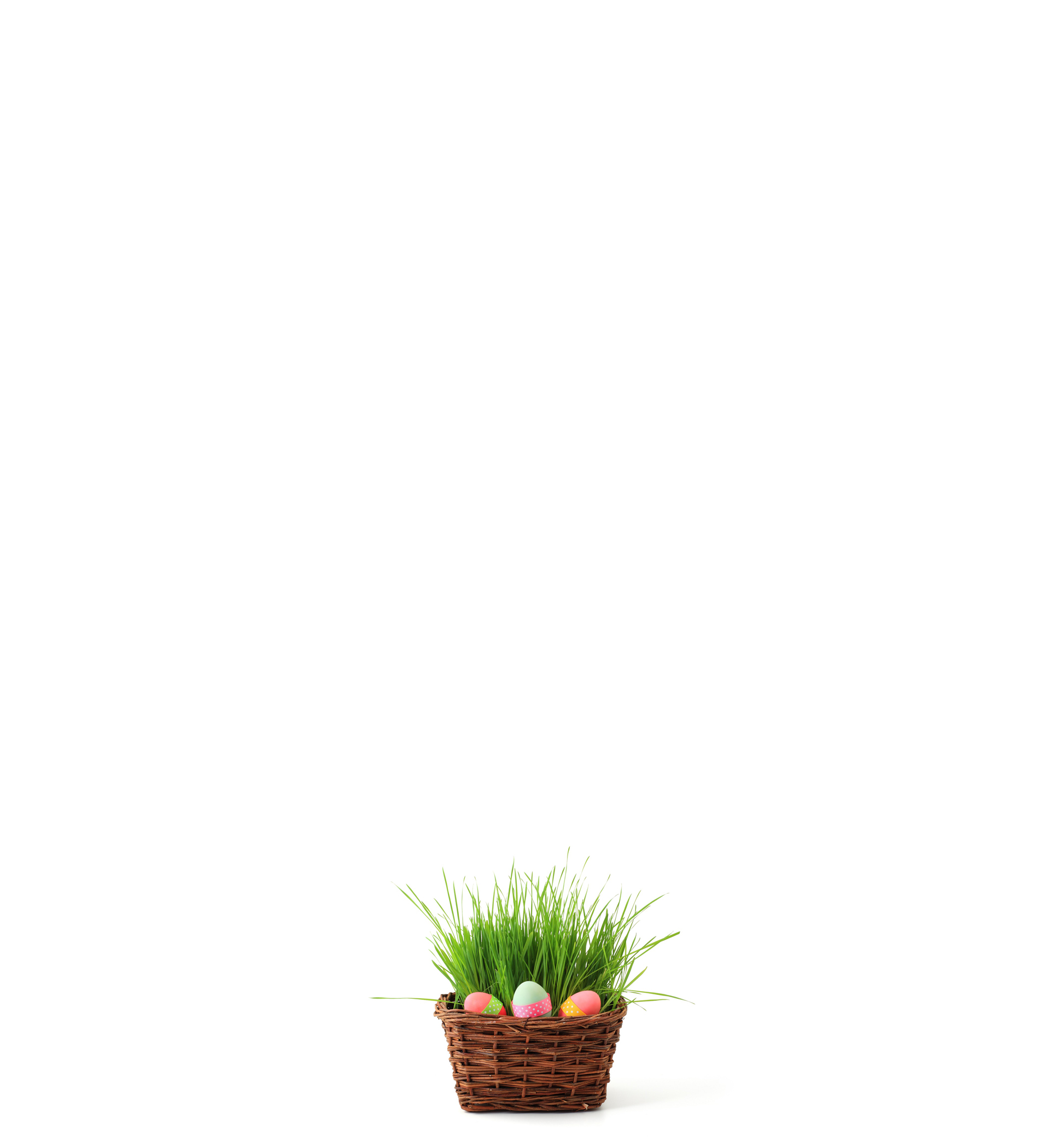 Place card with a wicker basket of green grass and three pastel Easter eggs