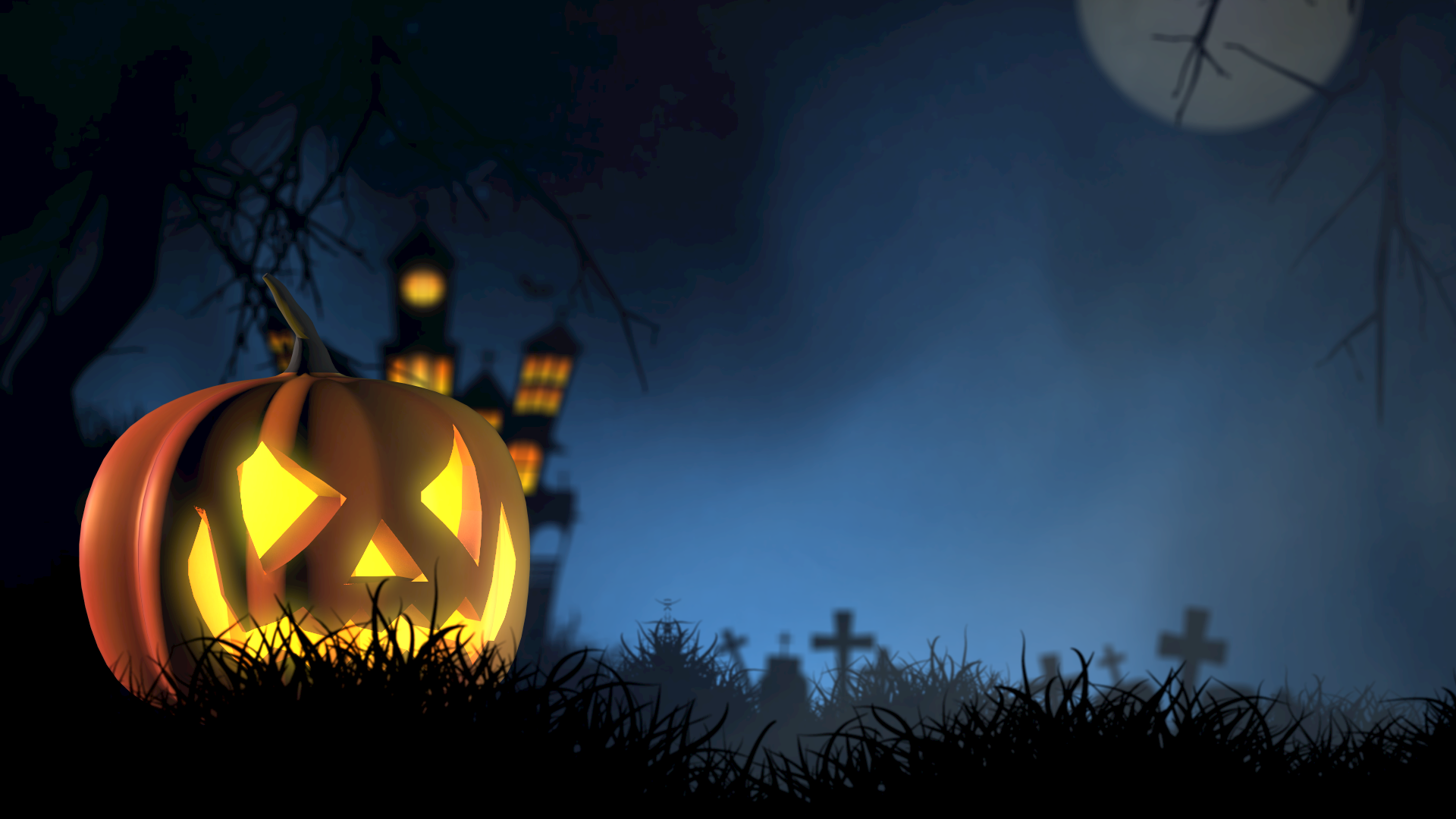 Place card with a glowing jack-o-lantern, haunted castle and graveyard at night