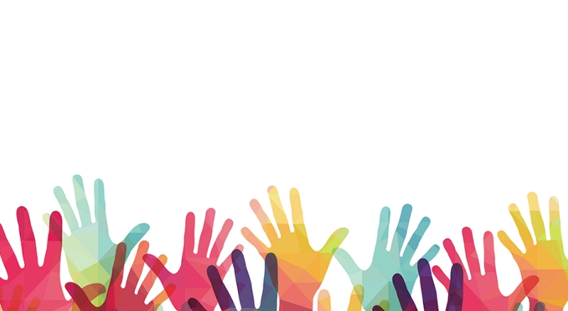 Place card with colorful geometric raised hands along the bottom edge