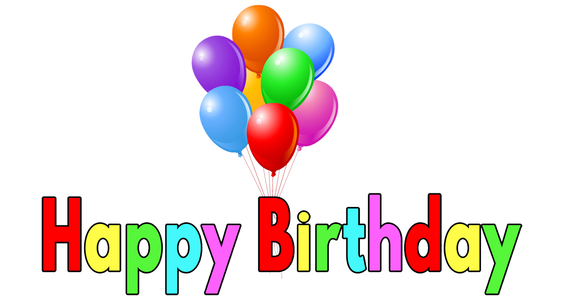 Place card with colorful balloons above rainbow Happy Birthday lettering