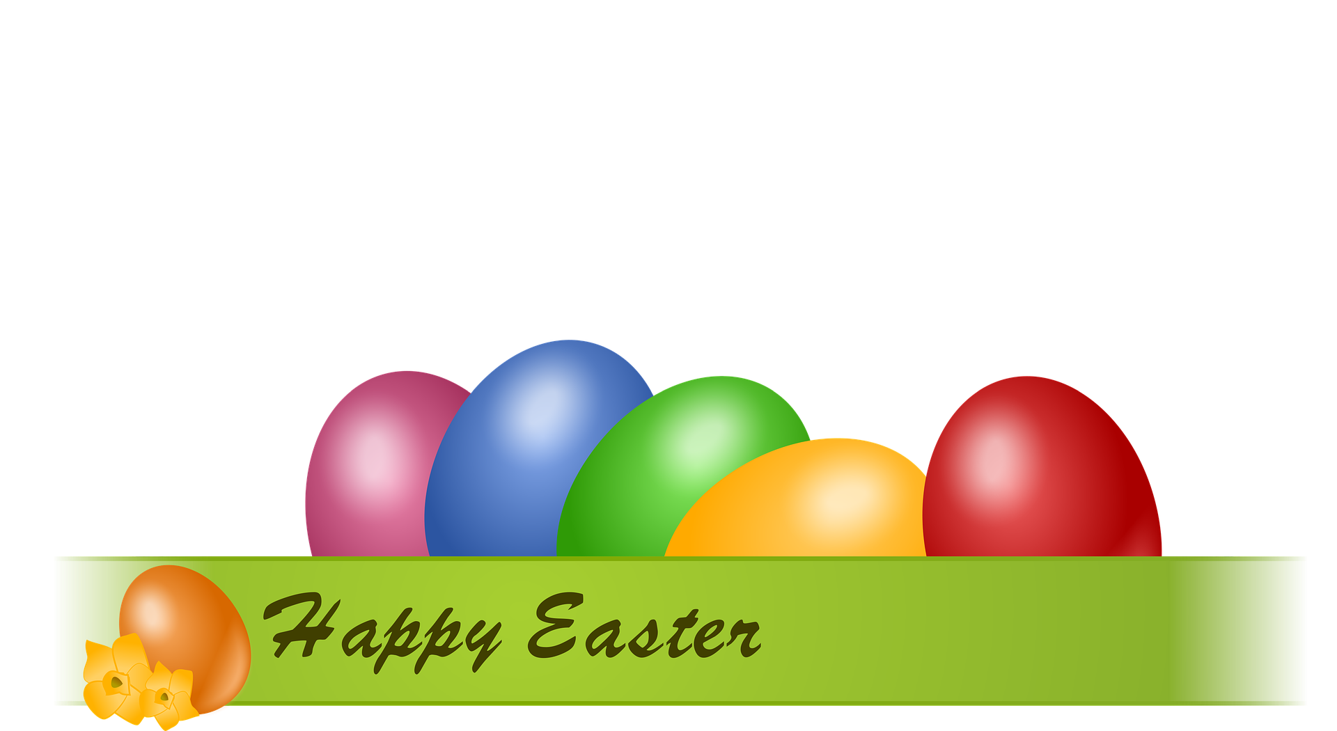 Place card with colorful Easter eggs and a green Happy Easter banner