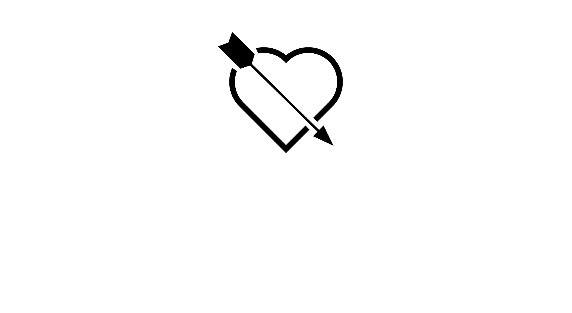 Place card with a black outlined heart pierced by an arrow at top center