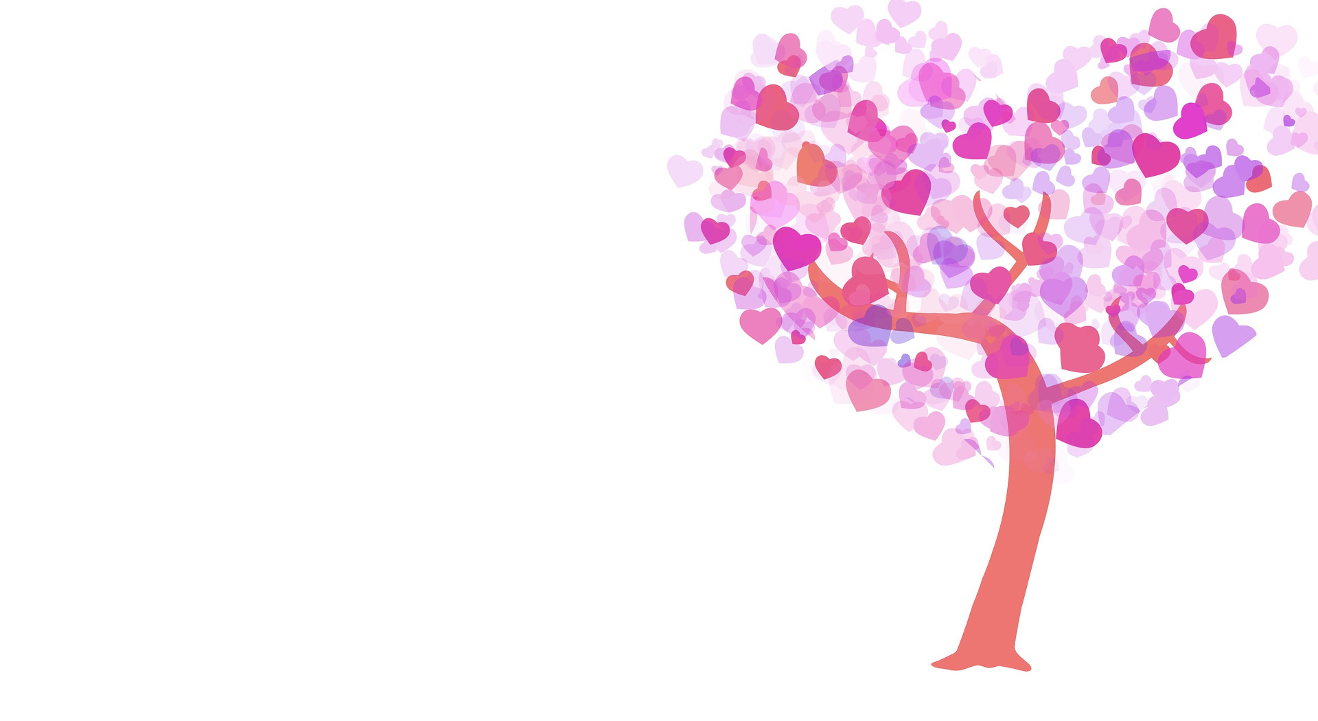 Place card with a tree of pink and purple hearts on the right side