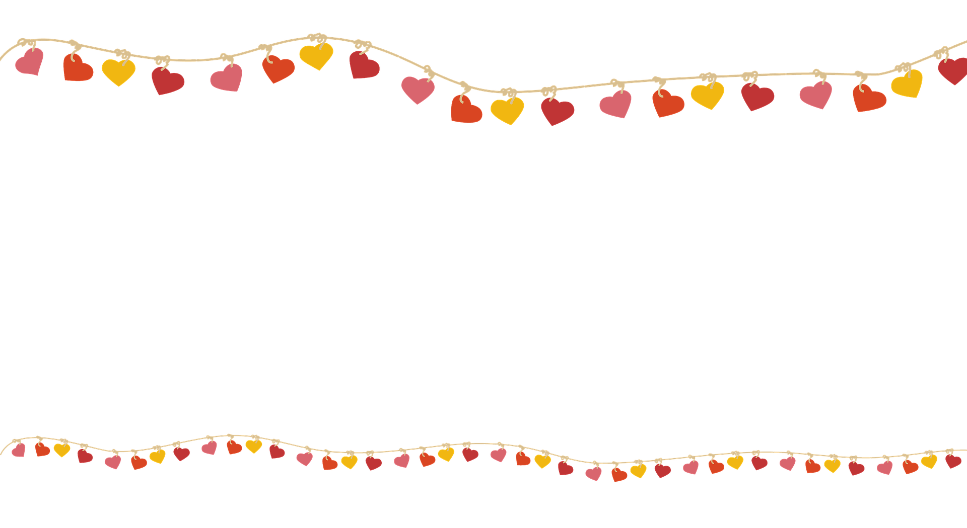 Place card with strings of colorful hearts hanging across the top and bottom