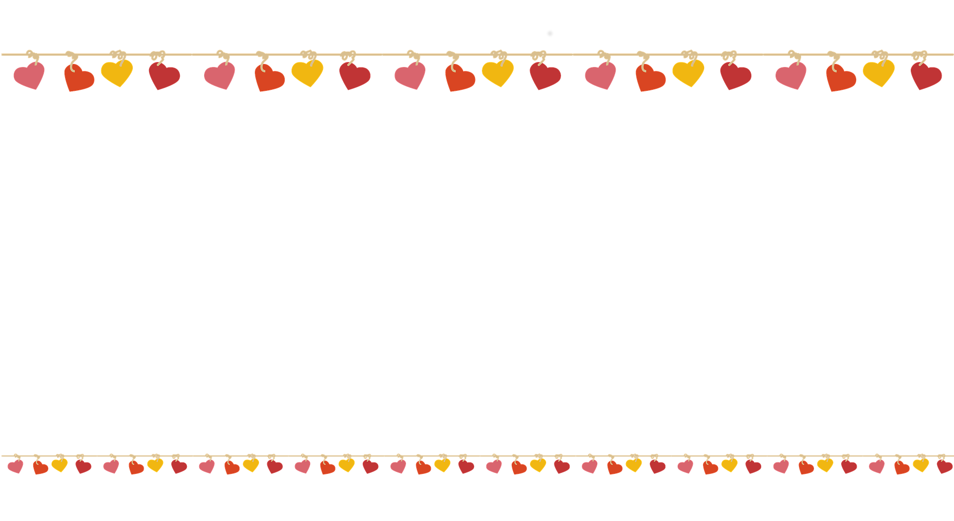 Place card with strings of colorful hanging hearts along the top and bottom