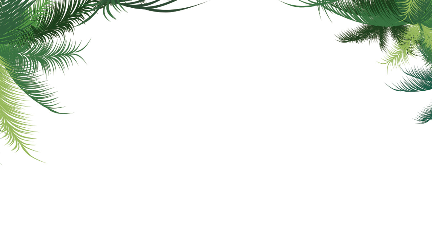 Place card with green tropical palm fronds hanging from the top corners