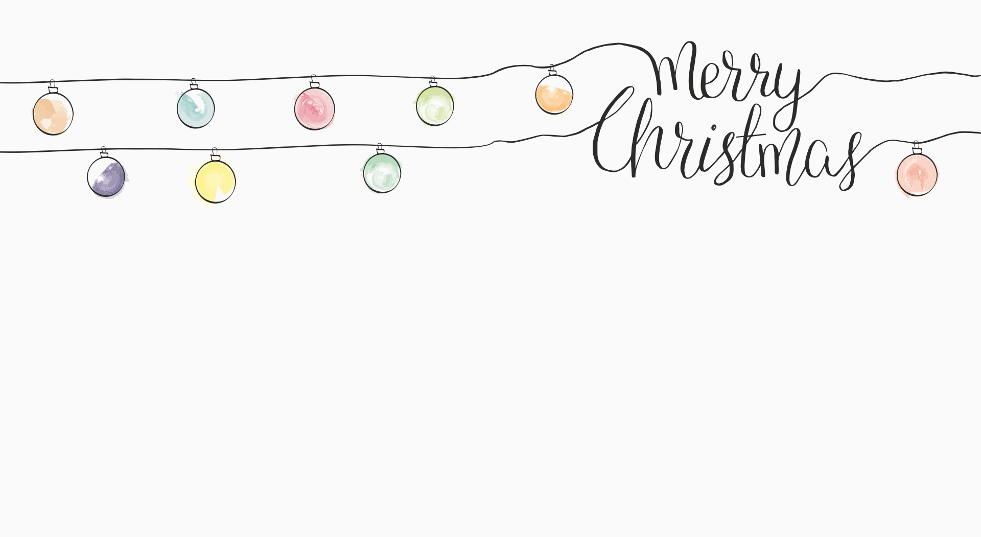 Place card with pastel watercolor baubles and Merry Christmas script across the top