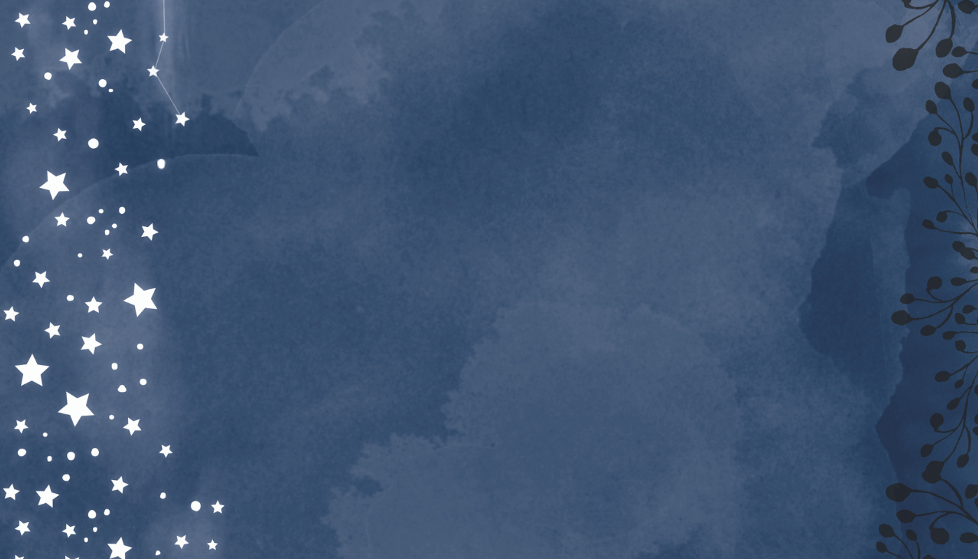 Place card with navy watercolor sky, white stars on the left, dark sprigs on the right