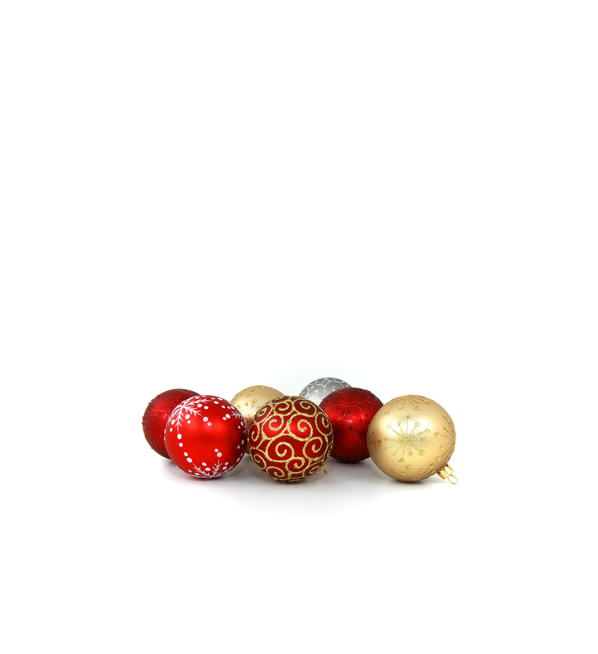 Place card photo of red, gold and silver Christmas ornaments on white