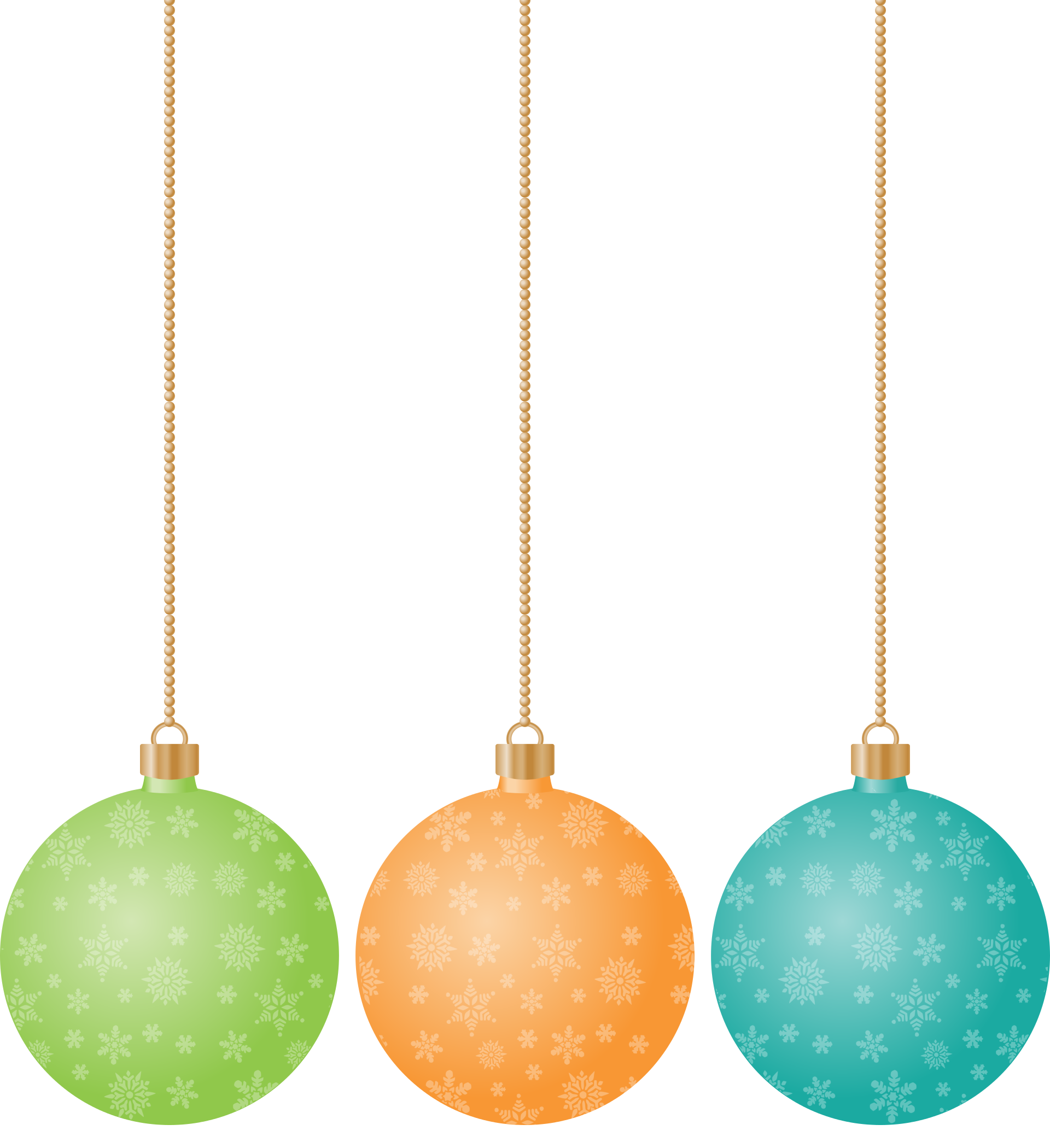 Place card with green, orange and teal snowflake ornaments on gold chains