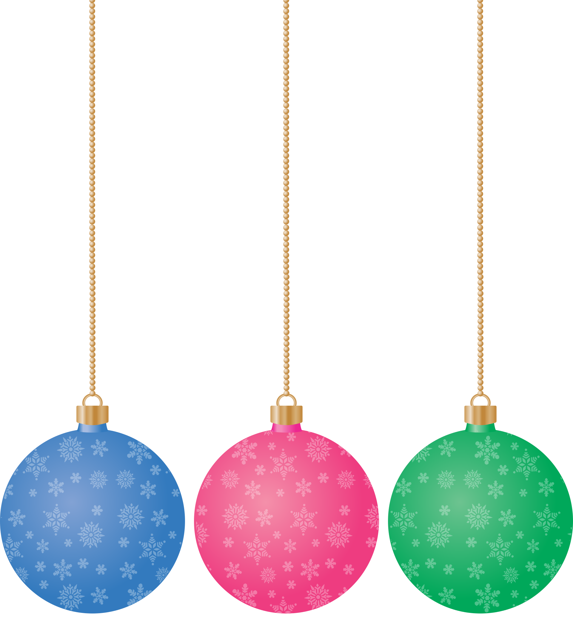Place card with blue, pink and green Christmas ornaments on gold chains