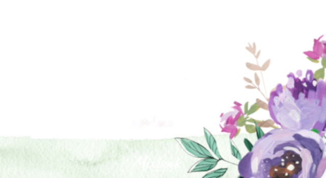 Place card with painted purple peonies and green leaves in the bottom right corner
