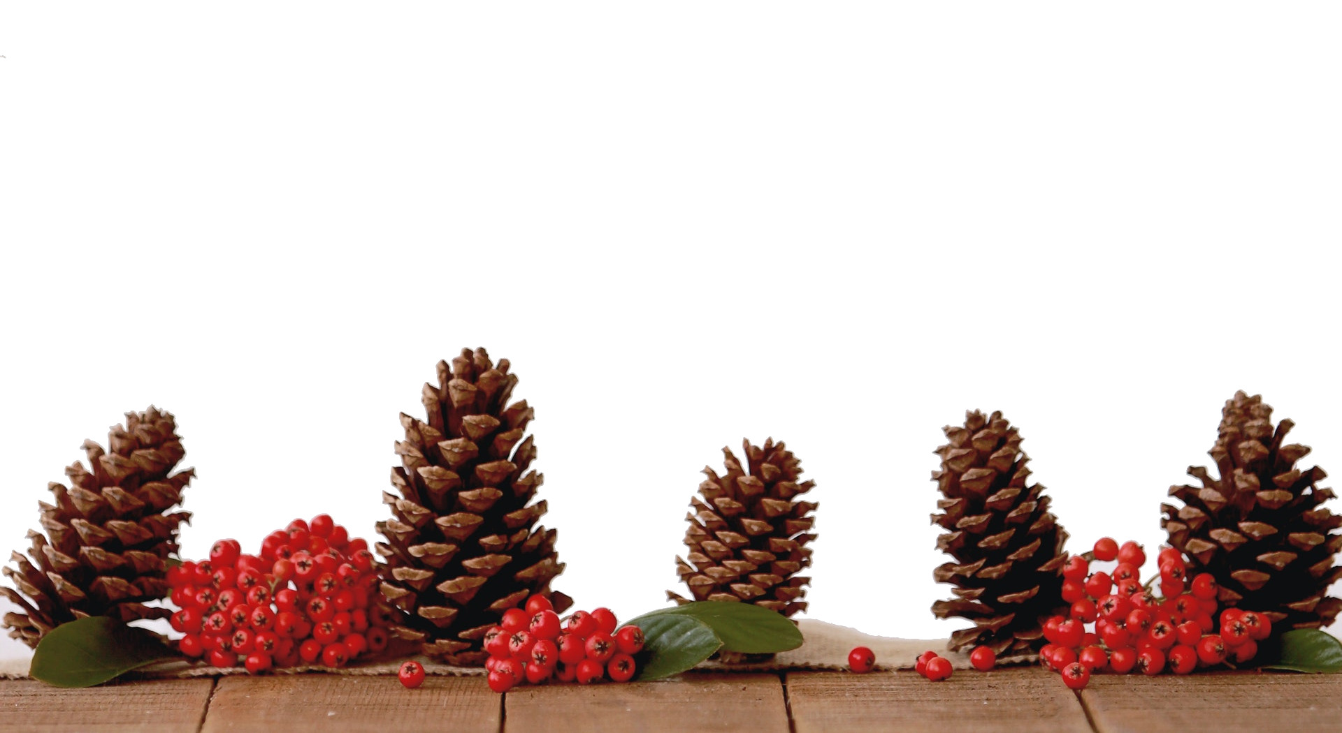 Place card with pinecones and red berries on a wood table along the bottom