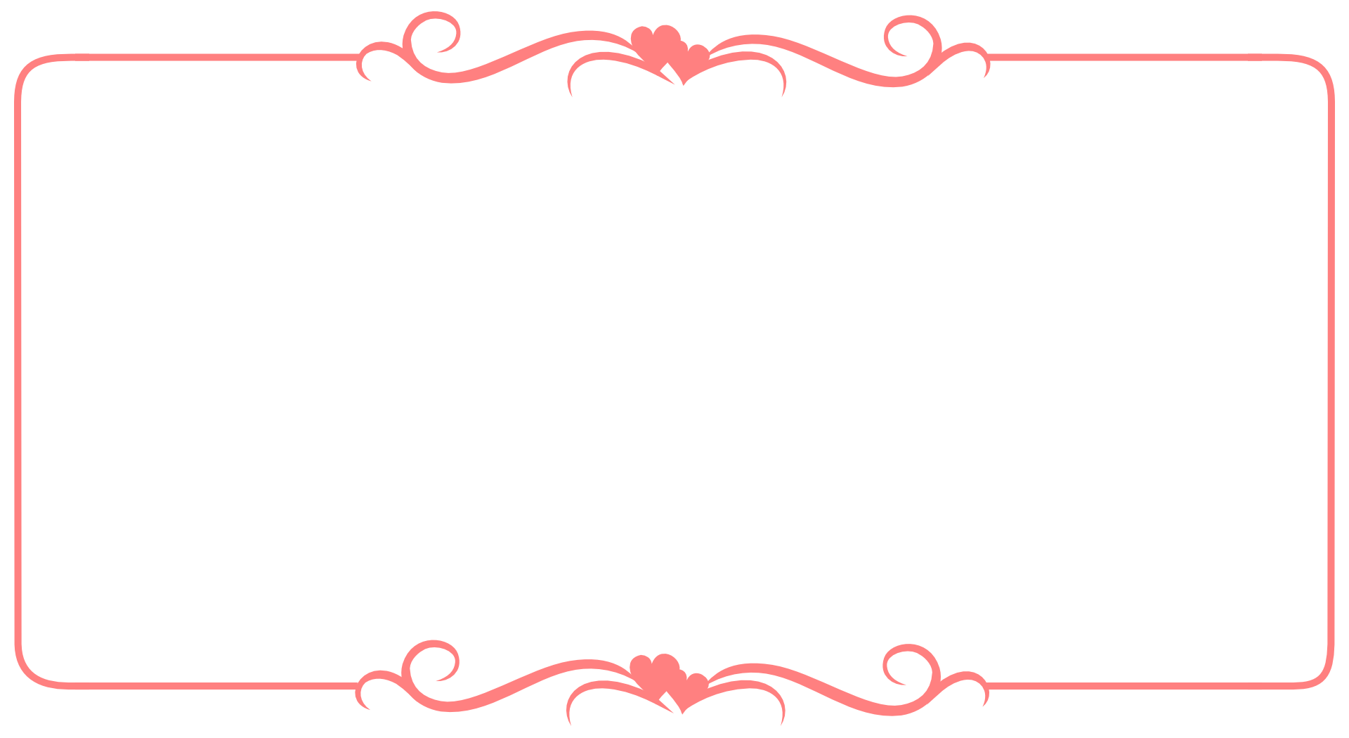 Place card with a coral pink scroll frame and hearts at top and bottom