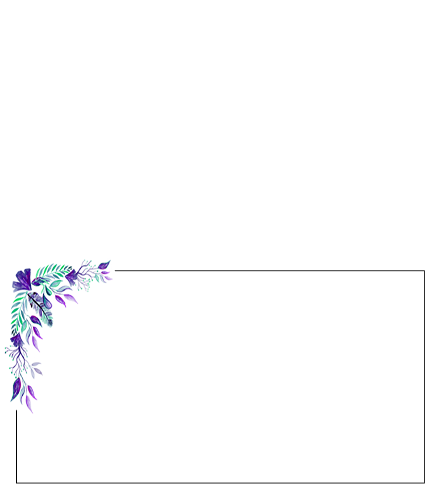 Place card with purple and teal watercolor foliage over the corner of a black frame