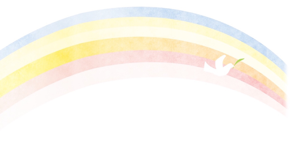 Place card with a pastel watercolor rainbow arch and a small white dove