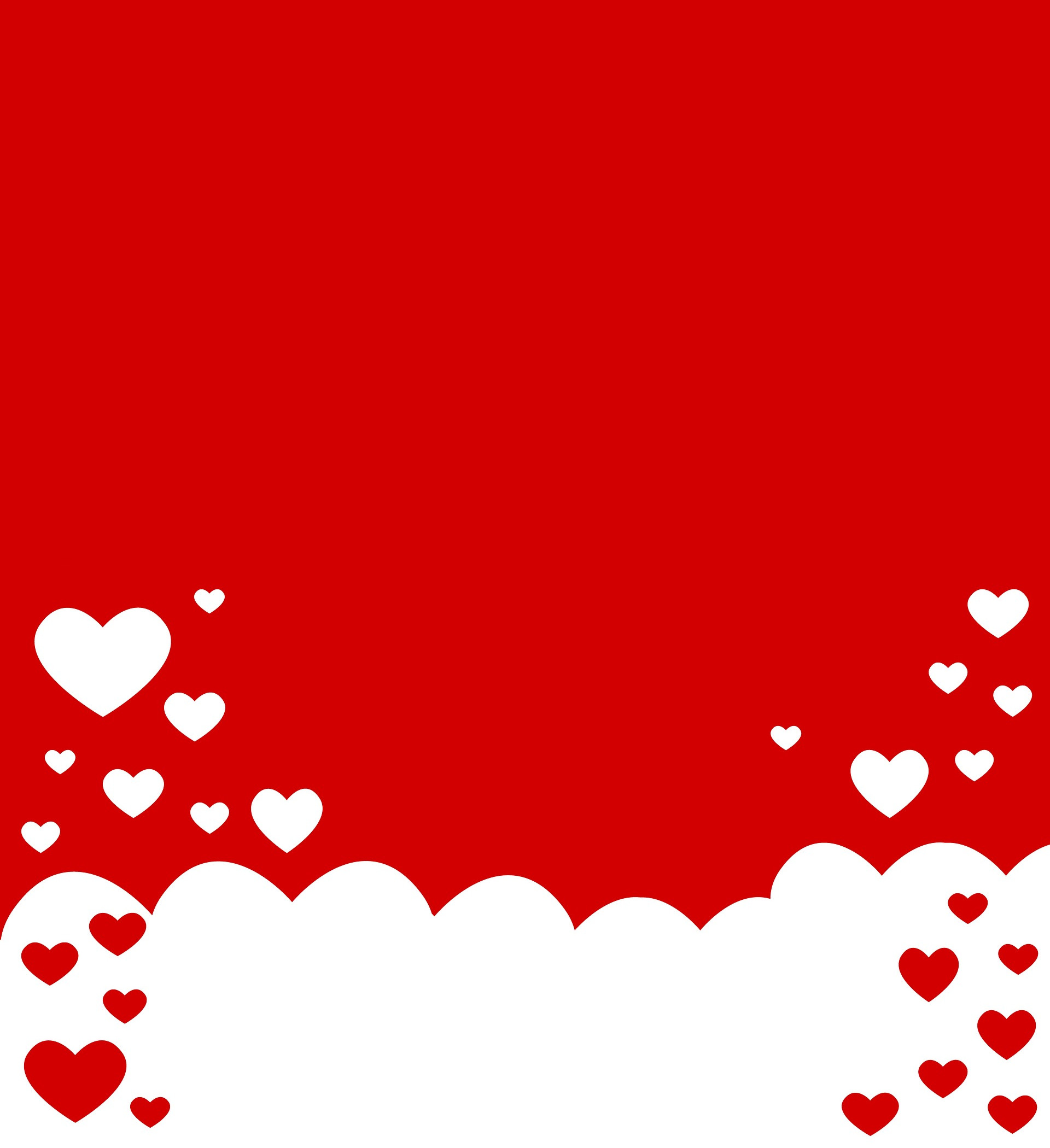 Place card with red background, white hearts and a scalloped white band