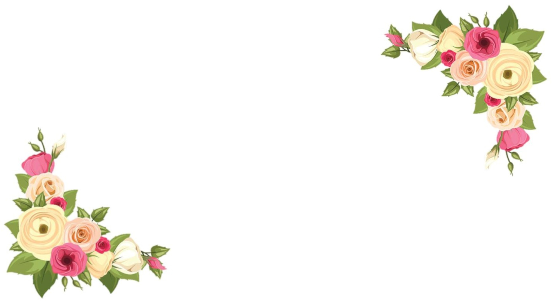 Place card with pink and cream rose bouquets in opposite corners
