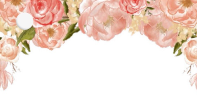 Place card with a garland of watercolor peach and blush peonies across the top