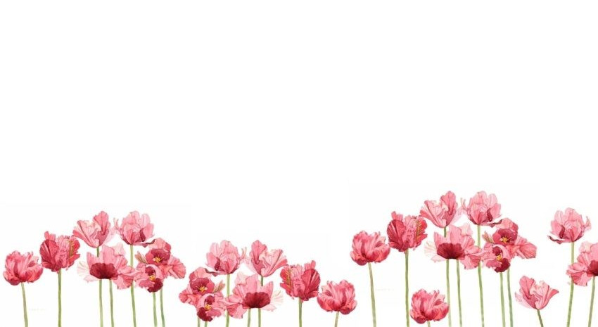 Place card with a row of painted pink tulips along the bottom edge