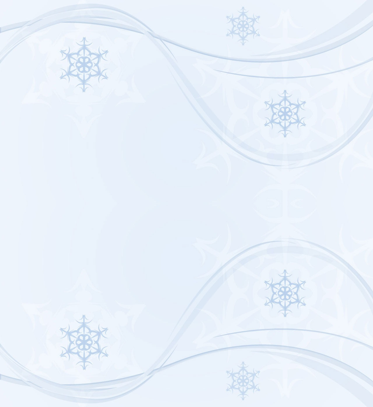 Place card with pale blue background, flowing ribbons and ornate snowflakes
