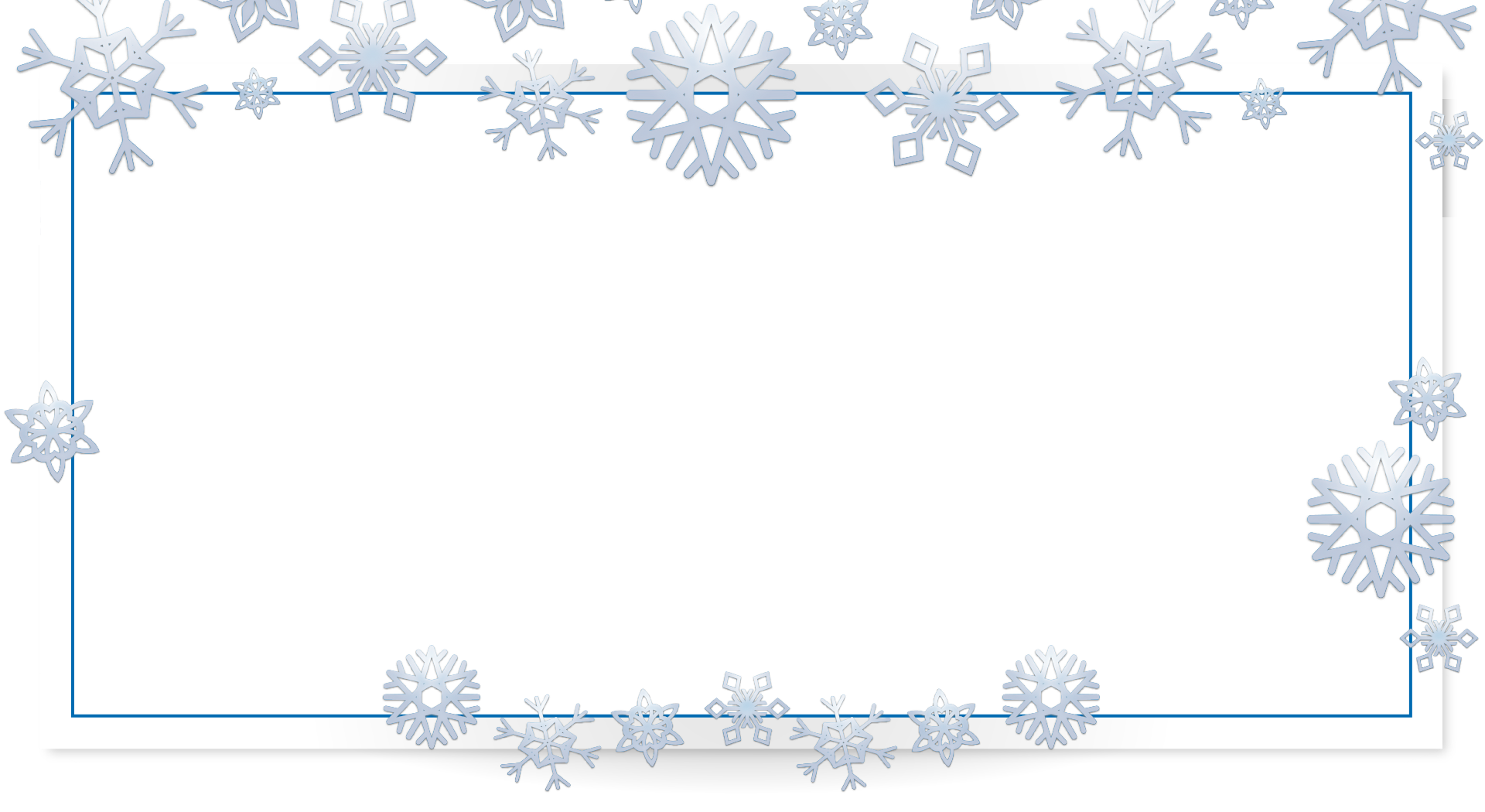 Place card with silver-blue snowflakes around a thin blue rectangular frame
