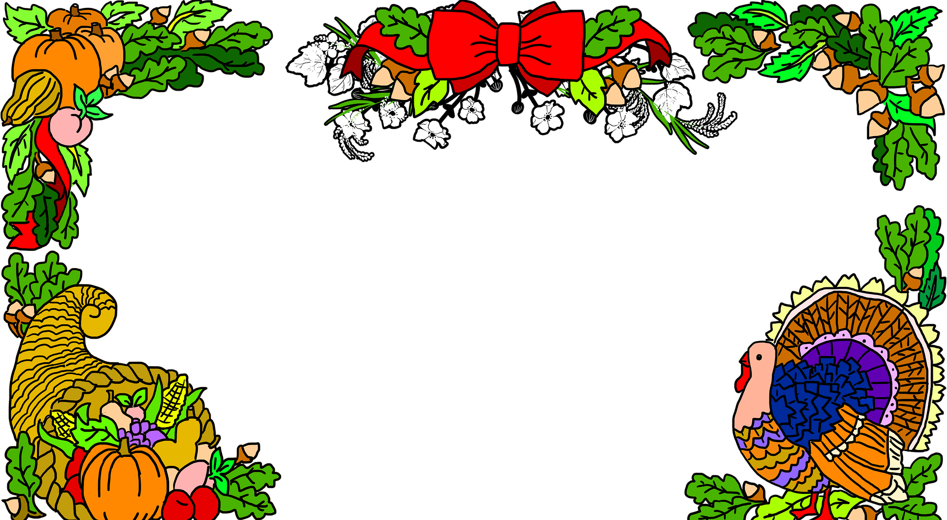 Place card framed by a cornucopia, turkey, pumpkins and oak leaves