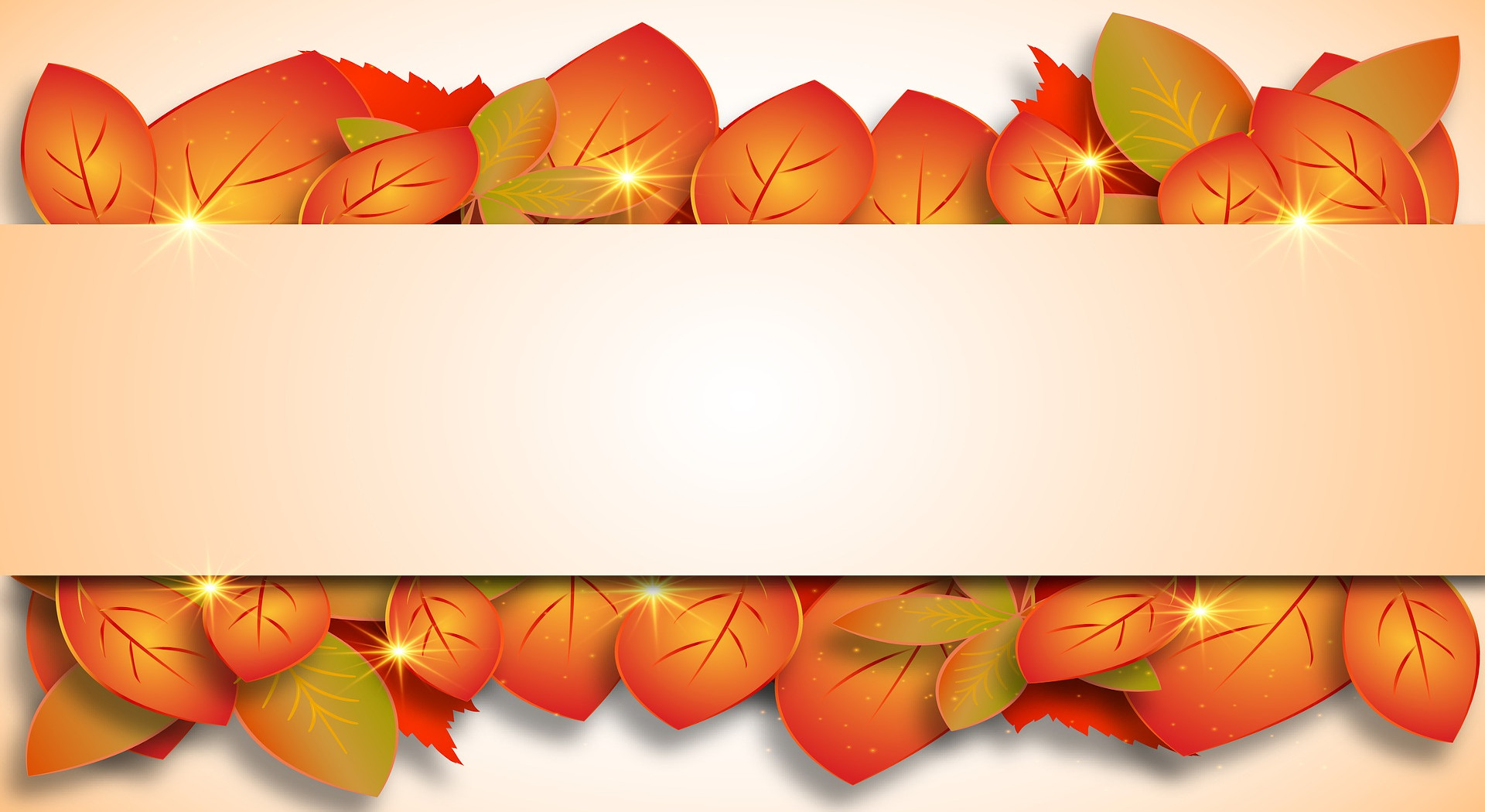 Place card with orange and red autumn leaves framing a peach center banner